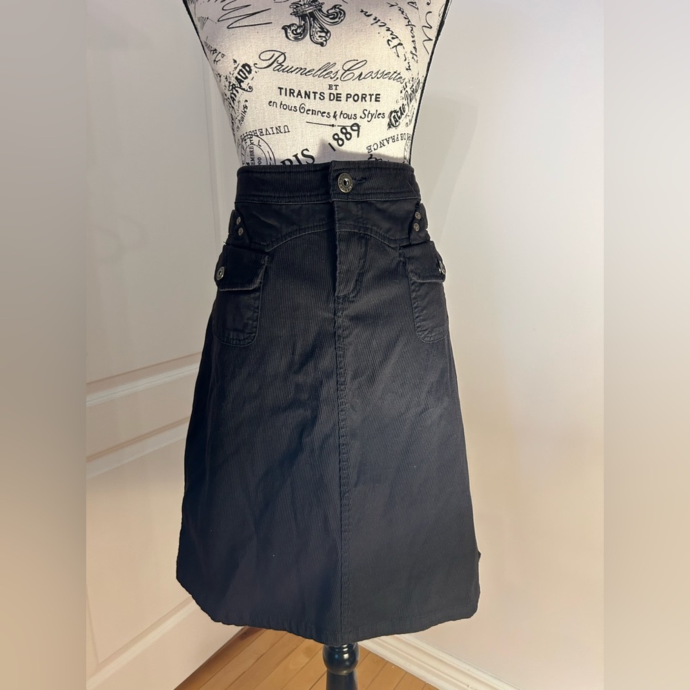Point Zero Stretch Lightweight Black Corduroy Skirt with Button Details